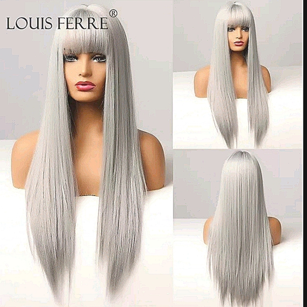 Long Straight Metalic Gray Wig